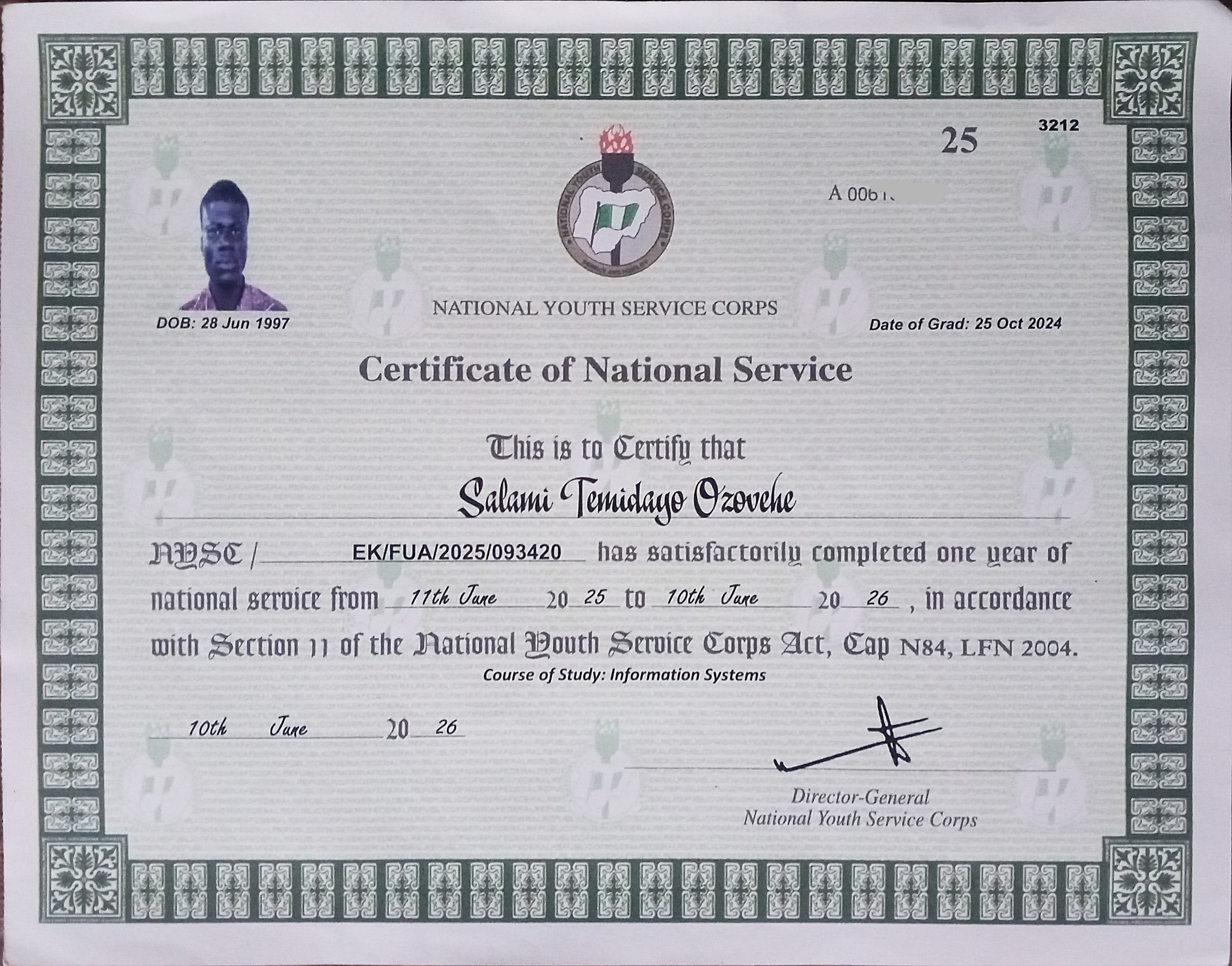 National Youth Service Corps completion certificate awarded to Temidayo Salami