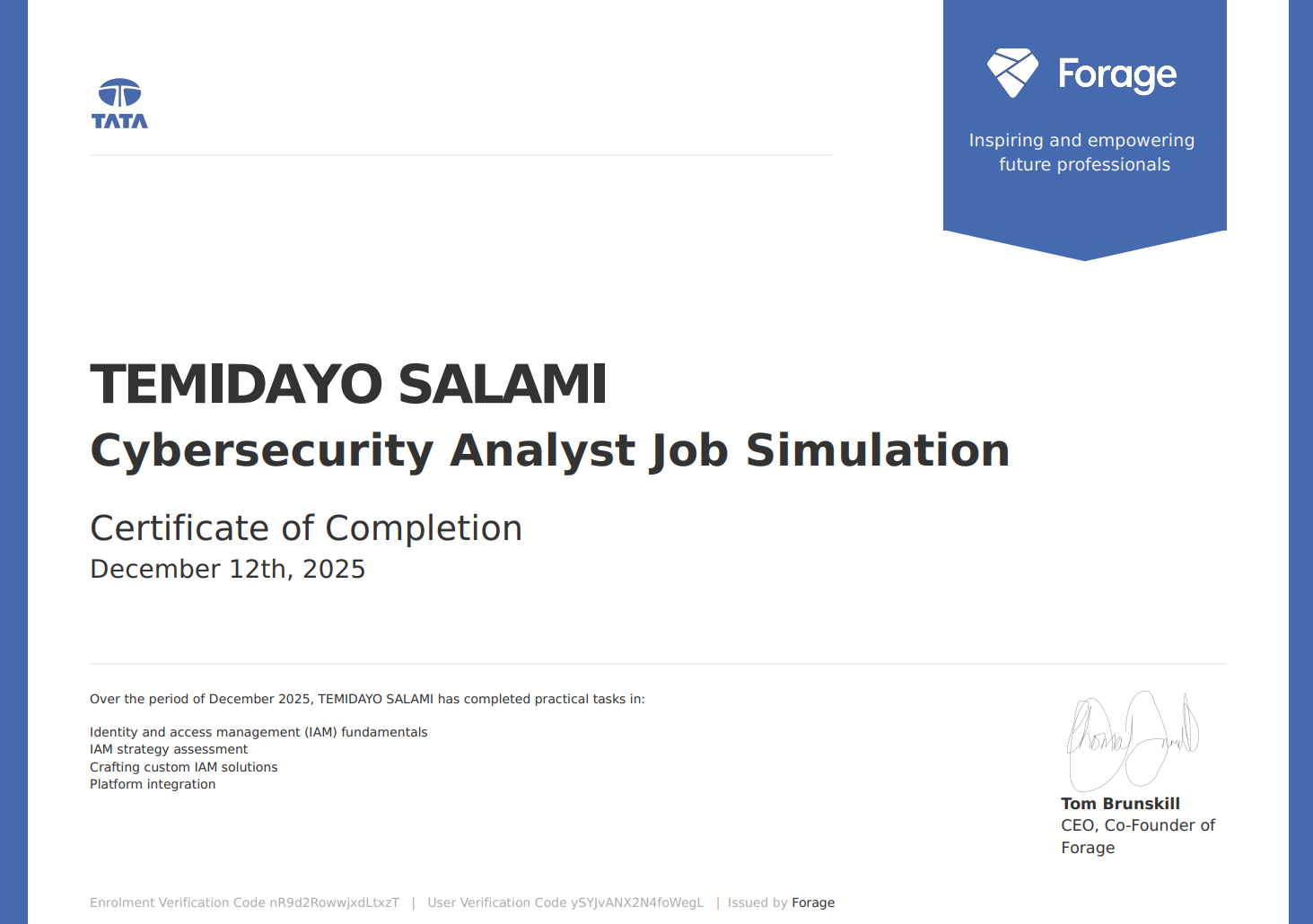 Tata Cybersecurity Analyst Job Simulation certificate from Forage