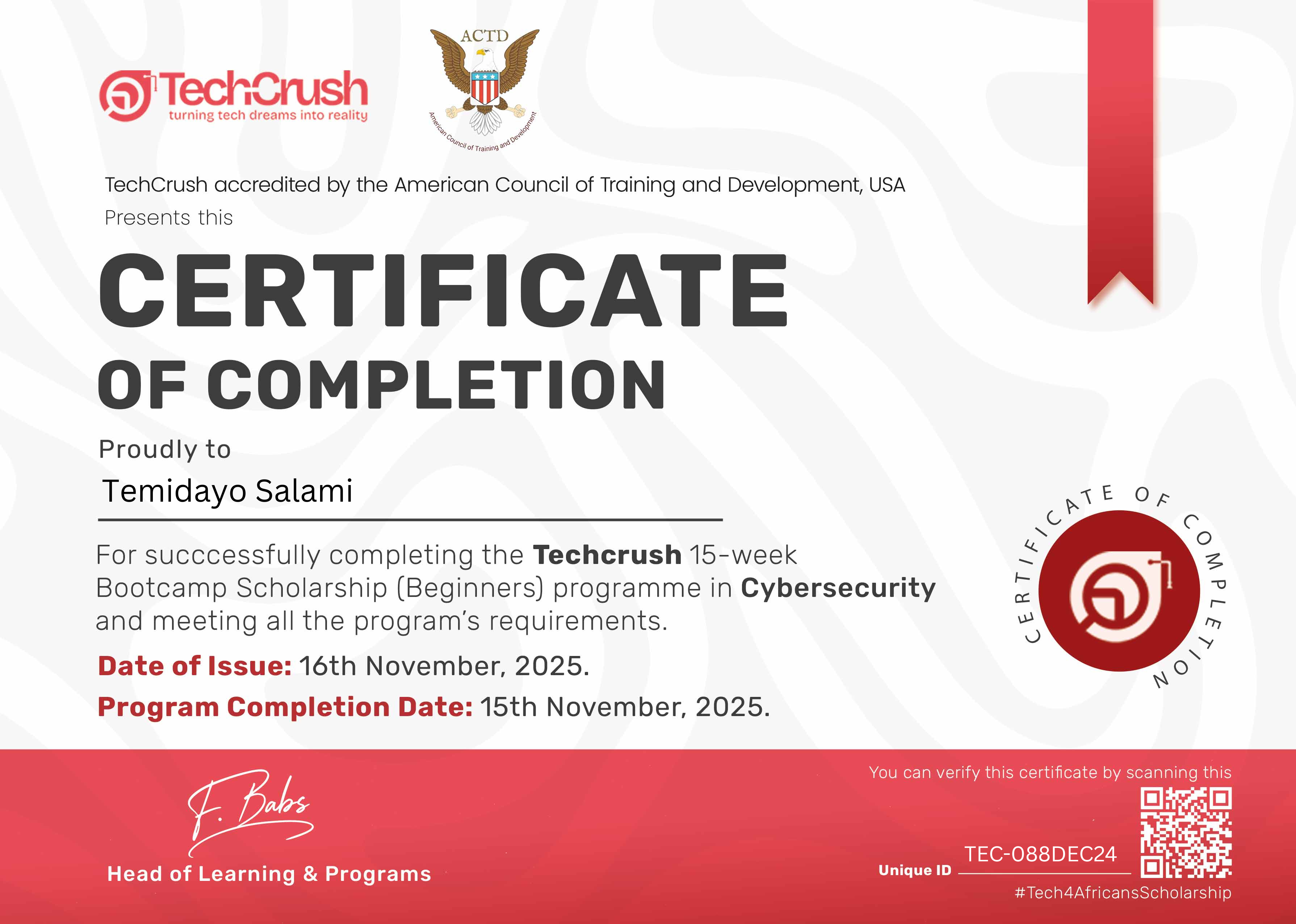 TechCrush cybersecurity training certificate awarded to Temidayo Salami
