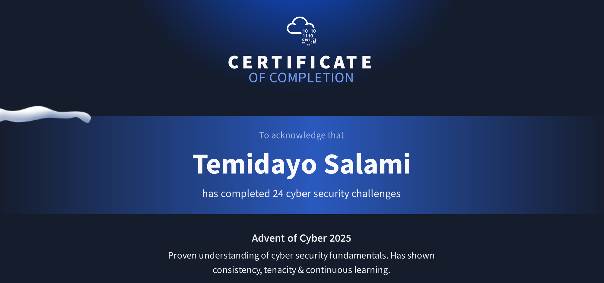 TryHackMe Advent of Cyber 2025 completion certificate