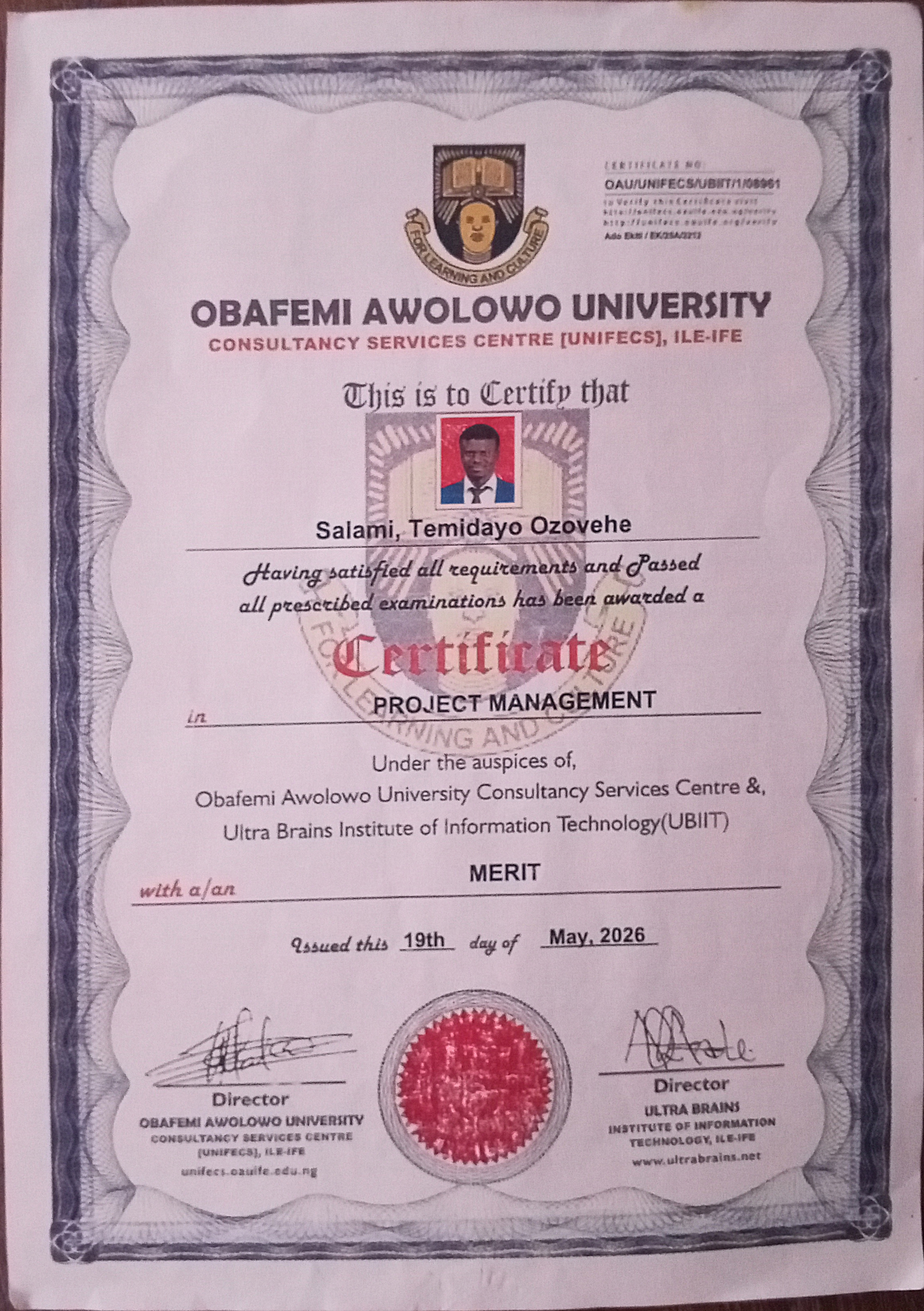 Ubuntu Bridge Initiative project management certificate awarded to Temidayo Salami