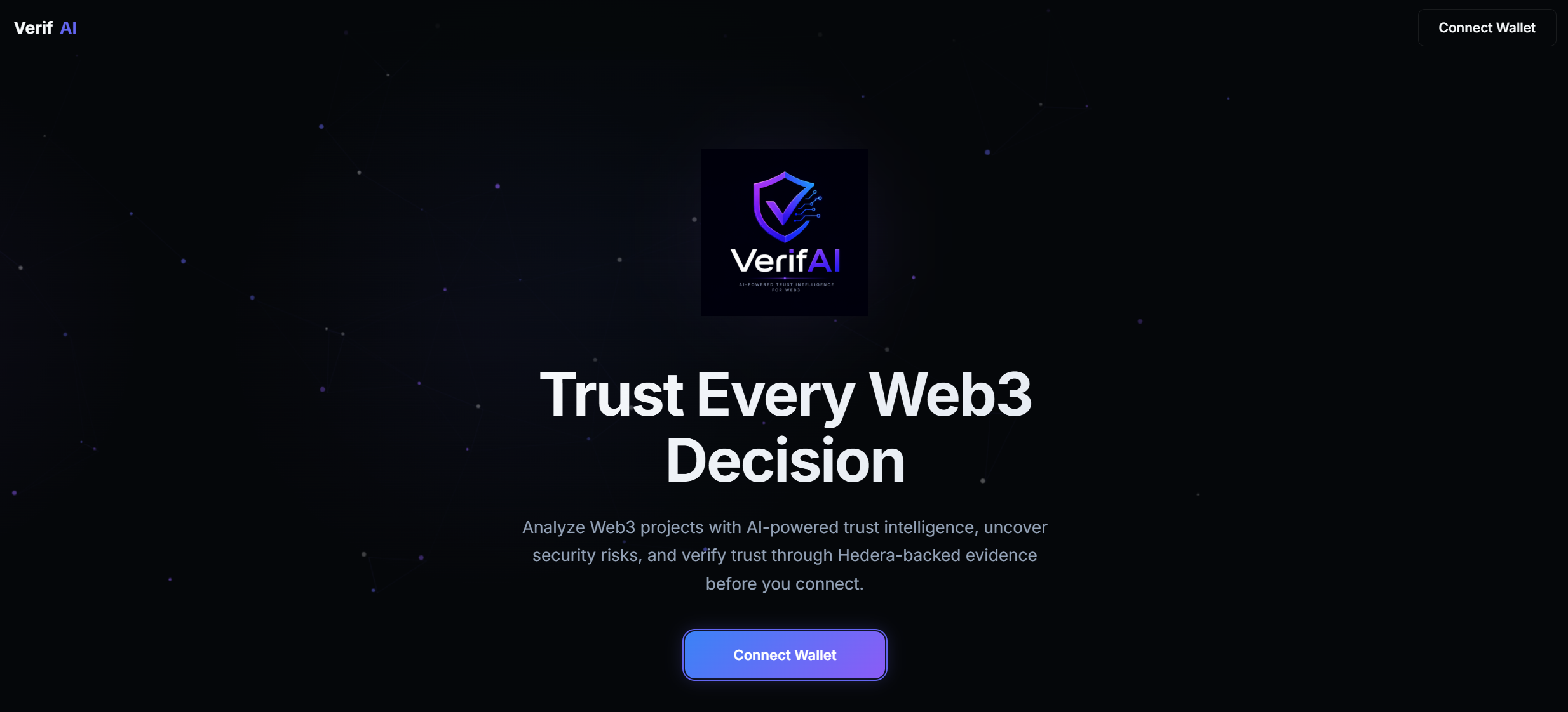 VerifAI dashboard displaying Web3 security evidence, trust scoring and risk analysis